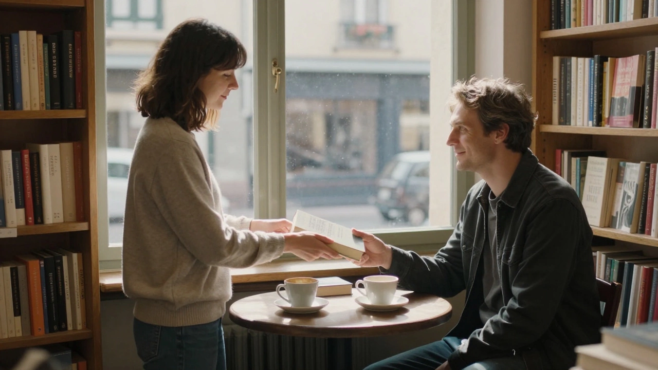 A woman hands a book to a man in a quiet Saint-Germain bookstore, afternoon light filtering through windows.