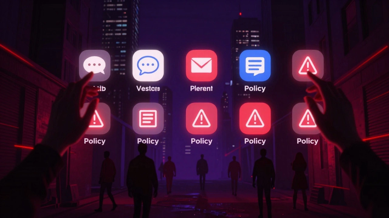 Digital app icons are being erased by shadowy hands as people scatter into city shadows.