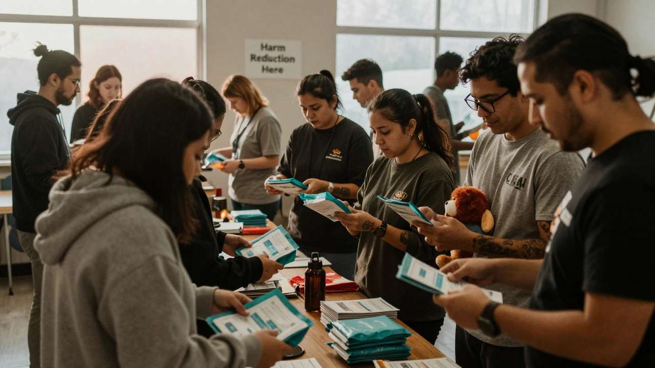 Volunteers distribute supplies to a diverse group at a community center at dawn.